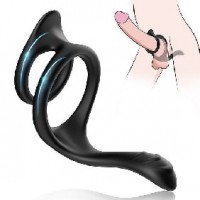 Cock Ring 3 in 1 Ultra Soft for Erection Enhancing w/2 Rings and Taint Teaser BLACK
